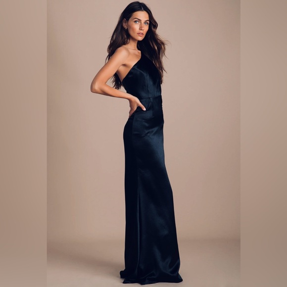 Lulu’s On the Guest List Navy Blue Satin One-Shoulder Maxi Gown B1 - Picture 12 of 14